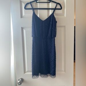 Adrianna Papell Navy Beaded Midi Slip Dress